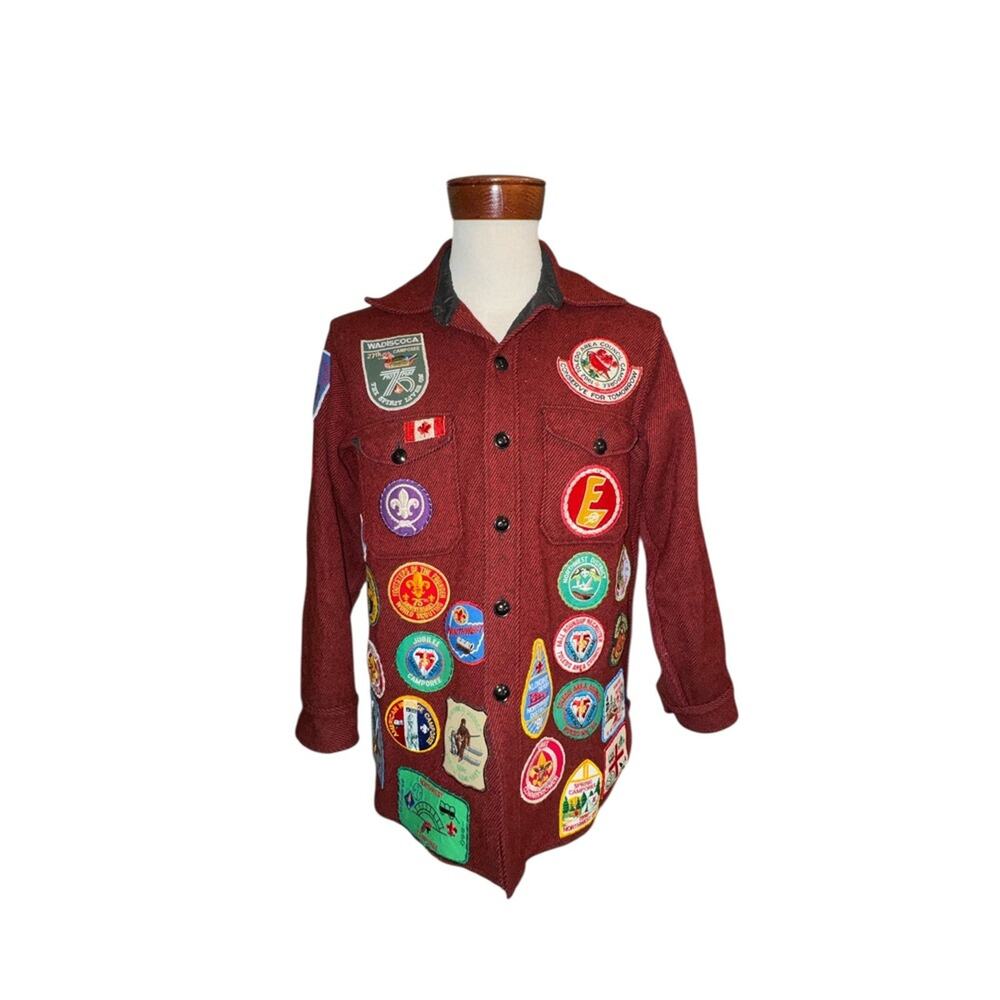 Vintage Woolrich Red Wool Boy Scout Patch Jacket L 80s–90s Camporee Collection